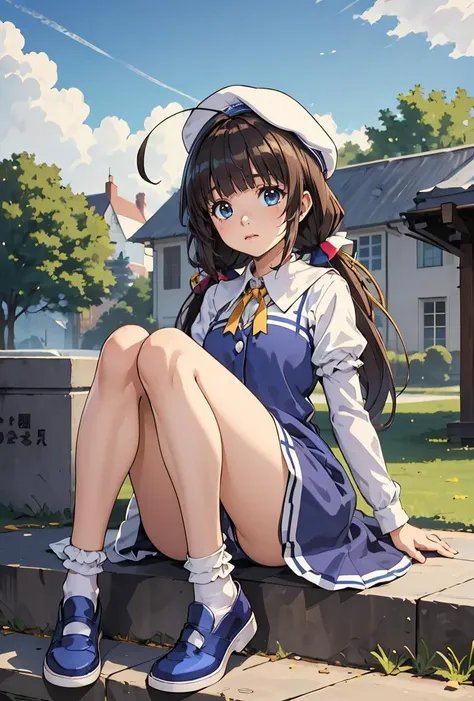 (masterpiece, best quality), 1girl, <lora:hinatsuru_ai:0.8> hinatsuru ai,beret,white headwear,long hair,ahoge,low twintails,school uniform,neck ribbon,dress,blue dress,white shirt,short over long sleeves,socks,white socks,shoes,blue footwear
