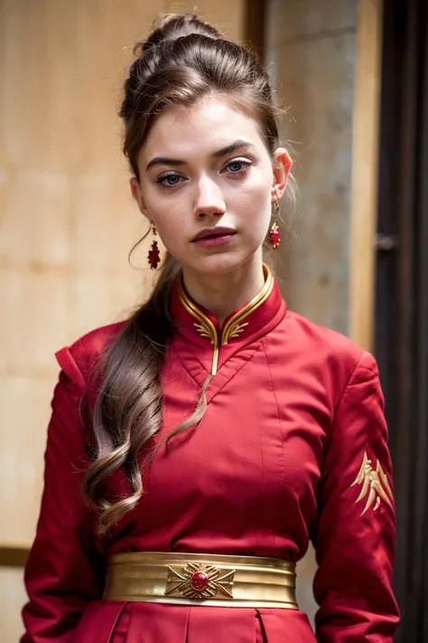 best quality,masterpiece,(azula uniform:1.4) ,young teen face,Rose hair accessories, earrings, eyeshadow,redlip,blush,pink skin,ponytail,open mouth,upper body,indoors ,(imogen poots), <lora:Imogen Poots V1:1>,looking at viewer,