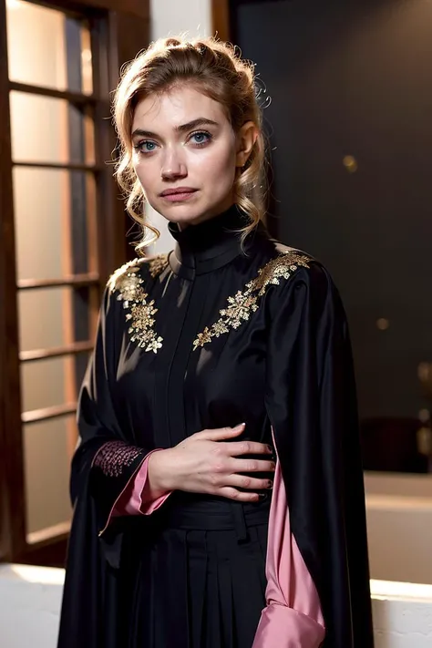 best quality,masterpiece,(Abaya uniform:1.4) ,young teen face,Rose hair accessories, earrings, eyeshadow,redlip,blush,pink skin,ponytail,open mouth,upper body,indoors ,(imogen poots), <lora:Imogen Poots V1:1>,looking at viewer,