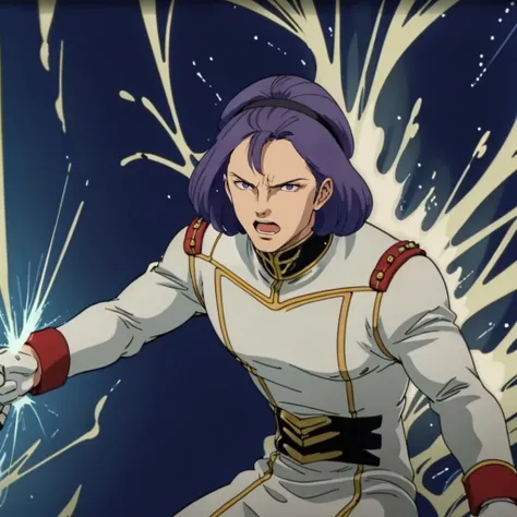 masterpiece,high quality,solo,
<lora:paptimusscirocco001:0.7>,looking at viewer,open mouth,shouting,angry,
paptimusscirocco,1man,
medium hair,purple hair,hairband,purple eyes,
military uniform,white long jacket,
cockpit,
Aura effect,