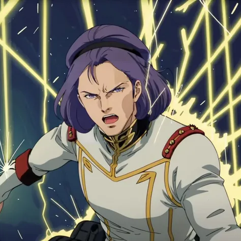 masterpiece,high quality,solo,
<lora:paptimusscirocco001:0.7>,looking at viewer,open mouth,shouting,angry,
paptimusscirocco,1man,
medium hair,purple hair,hairband,purple eyes,
military uniform,white long jacket,
cockpit,
Aura effect,lightning effect,