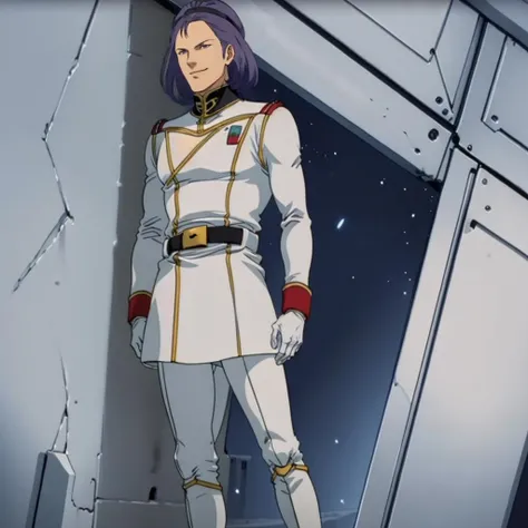 masterpiece,high quality,solo,
<lora:paptimusscirocco001:0.7>,
paptimusscirocco,1man,
medium hair,purple hair,hairband,purple eyes,
military uniform,white long jacket,
belt,
white pants,
white boots,
full body,standing,smirk,