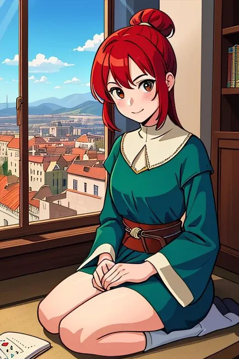 ((fantasy)), (medieval:1.2), window, city, (view:1.2), a young female adventurer, (red hair), (cloth tunic:1.1), sitting, seiza, ((illustration)), best quality, highres