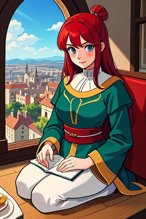 ((fantasy)), (medieval:1.2), window, city, (view:1.2), a young female adventurer, (red hair), (cloth tunic:1.1), sitting, seiza, ((illustration)), best quality, highres, <lora:breastsizeslideroffset:1.0>