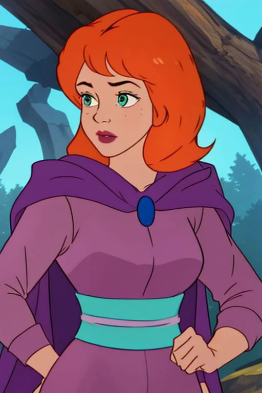 sheila <lora:sheila_dnd_V1:1>, pink dress, purple cape, blue buttons, aqua sash, hood down, outdoors, upper body