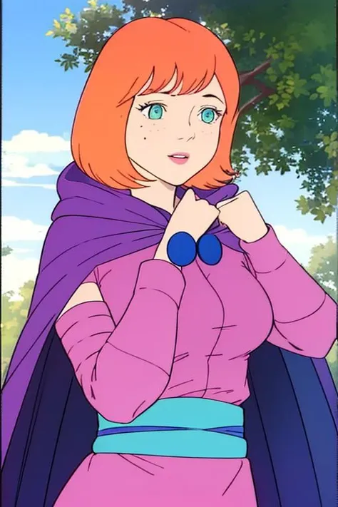 sheila  <lora:sheila_dnd_V1:1>, pink dress, purple cape, blue buttons, aqua sash, hood down, outdoors, upper body