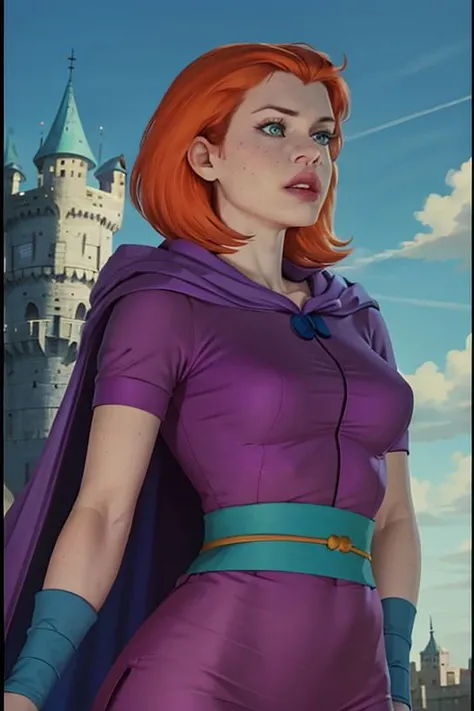 sheila <lora:sheila_dnd_V1:1>, pink dress, purple cape, blue buttons, aqua sash, upper body, parted lips, sky, sky background, blue sky, day, castle