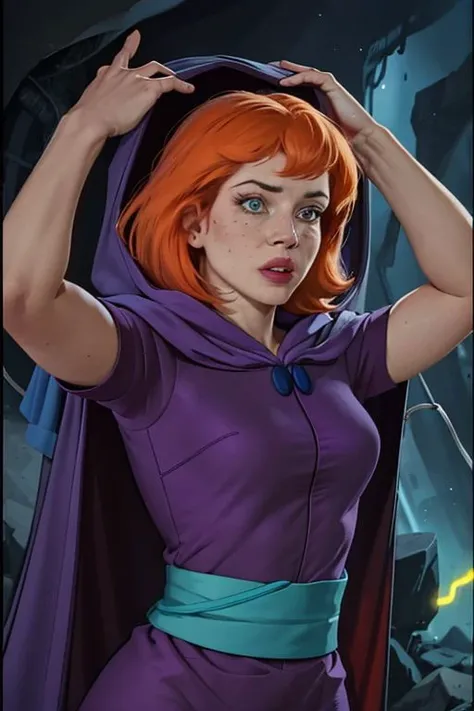 sheila <lora:sheila_dnd_V1:1>, pink dress, purple cape, blue buttons, aqua sash, upper body, hood up, hooded cloak, glowing hood, short sleeves, parted lips, hands on own head, cave
