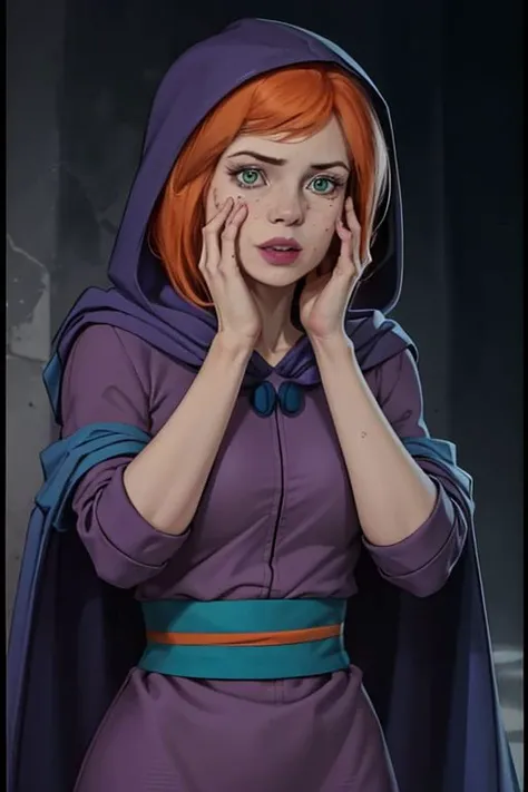 sheila  <lora:sheila_dnd_V1:1>, pink dress, purple cape, blue buttons, aqua sash, hands on own face, hands on own cheeks, black background, hood down, hooded cloak, upper body