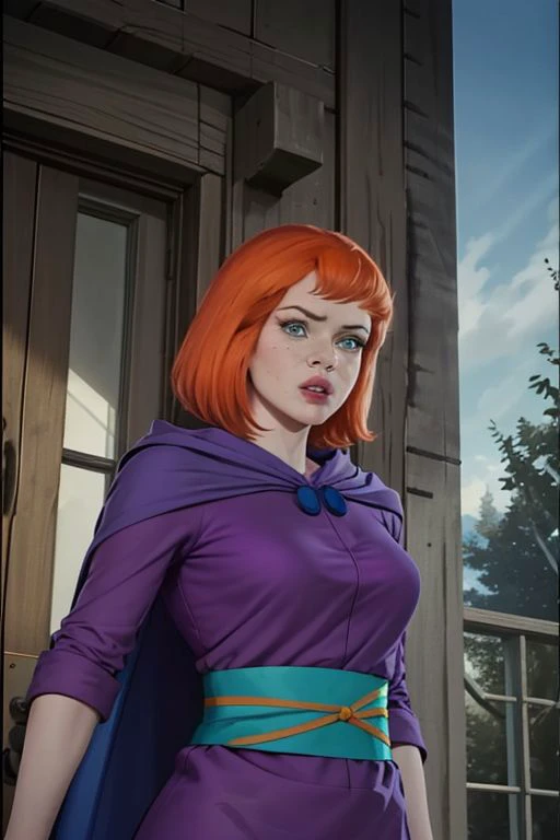 sheila <lora:sheila_dnd_V1:1>, pink dress, purple cape, blue buttons, aqua sash, looking at viewer, parted lips, window, door, hood down, outdoors, upper body, building