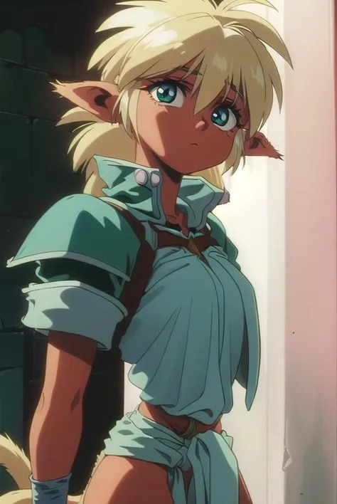refam, <lora:fam-lora-nochekaiser:1>,
fam, blonde hair, (green eyes:1.5), pointy ears, dark skin, dark-skinned female, elf, long pointy ears, (retro artstyle:1.5), (1990s \(style\):1.5),
BREAK tail, short sleeves, wristband, pelvic curtain,
BREAK looking at viewer,
BREAK outdoors,
BREAK <lyco:GoodHands-beta2:1>, (masterpiece:1.2), best quality, high resolution, unity 8k wallpaper, (illustration:0.8), (beautiful detailed eyes:1.6), extremely detailed face, perfect lighting, extremely detailed CG, (perfect hands, perfect anatomy),