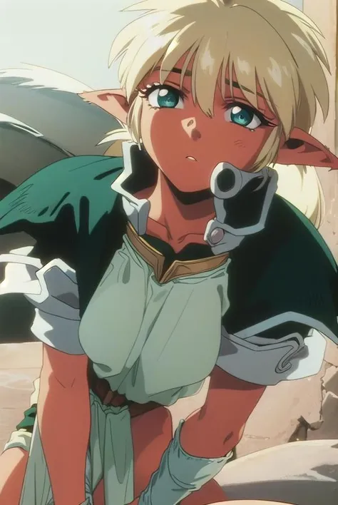 refam, <lora:fam-lora-nochekaiser:1>,
fam, blonde hair, (green eyes:1.5), pointy ears, dark skin, dark-skinned female, elf, long pointy ears, (retro artstyle:1.5), (1990s \(style\):1.5),
BREAK tail, short sleeves, wristband, pelvic curtain,
BREAK looking at viewer,
BREAK outdoors,
BREAK <lyco:GoodHands-beta2:1>, (masterpiece:1.2), best quality, high resolution, unity 8k wallpaper, (illustration:0.8), (beautiful detailed eyes:1.6), extremely detailed face, perfect lighting, extremely detailed CG, (perfect hands, perfect anatomy),