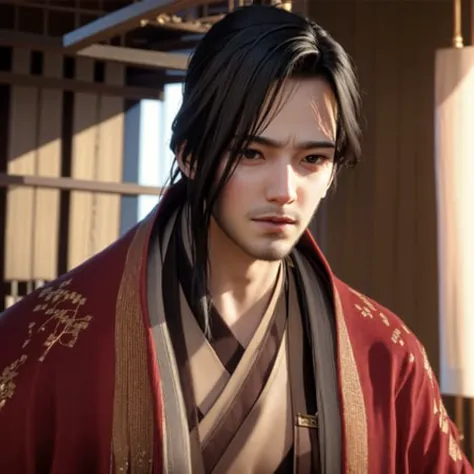 a man with a red jacket and a black hat and a red jacket and a red and white robe, (1boy:0.782), (architecture:0.810), (blurry:0.568), (bookshelf:0.895), (brown eyes:0.620), (brown hair:0.521), (chinese clothes:0.812), (closed mouth:0.511), (east asian architecture:0.719), (facial hair:0.631), (hanfu:0.771), (indoors:0.636), (japanese clothes:0.599), (long hair:0.576), (looking at viewer:0.622), (male focus:0.812), (solo:0.859), (upper body:0.787)