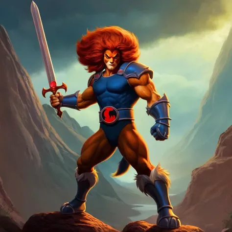concept art of <lora:liono thundercats:1>
liono thundercats a cartoon character holding a sword and a Claw Shield glove, digital artwork, illustrative, painterly, matte painting, highly detailed