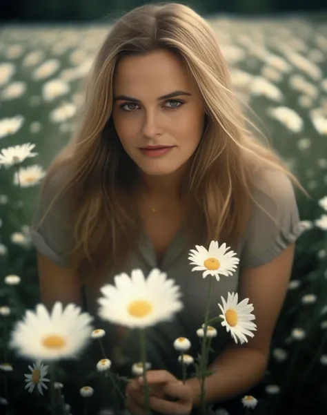 (AliciaSilverstone)  cinematic film still photo of a woman, in a field of Daisy, best quality, fine details, detailed skin, wide angel,4k,HDR.Photorealistic, Hyperrealistic, Hyperdetailed . shallow depth of field, vignette, highly detailed, high budget, bokeh, cinemascope, moody, epic, gorgeous, film grain, grainy <lora:AliciaSilverstoneSDXL:1>