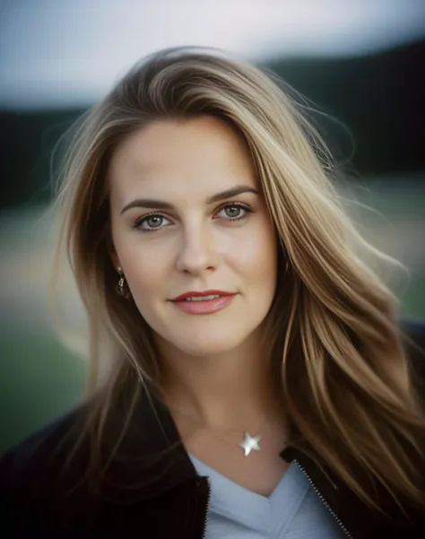 (AliciaSilverstone), photograph, Cloudy athletic Female, Unsightly Side swept hairstyle, White Lip Ring, Stars in the sky, tilt shift, Rusticcore, film grain, Iphone X, 80mm, (art by Nathan Coley:0.9) <lora:AliciaSilverstoneSDXL:1>