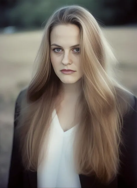 AliciaSilverstone, [ (art by Charles Burns:0.8) ,art by Mário Eloy:6], photograph, Aggravated slender Czech Woman of Peace, Long flowy hair, film grain, Nikon d850, Low shutter, <lora:AliciaSilverstoneSDXL:1>