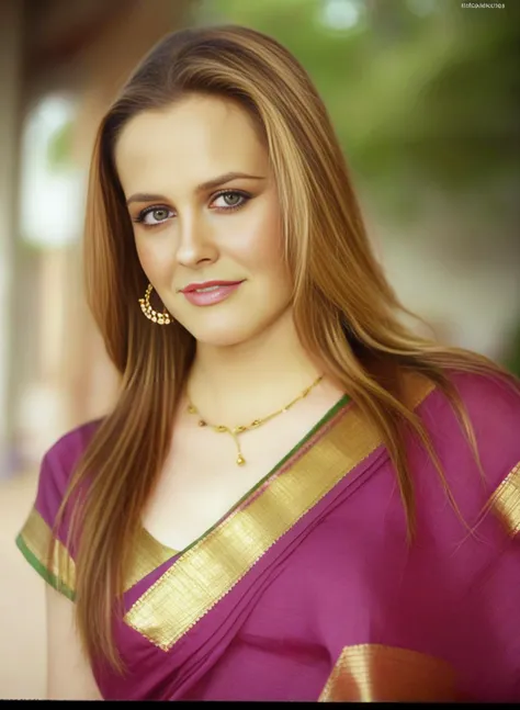 AliciaSilverstone,<lora:AliciaSilverstoneSDXL:1>,woman wearing saree, background blur, portrait