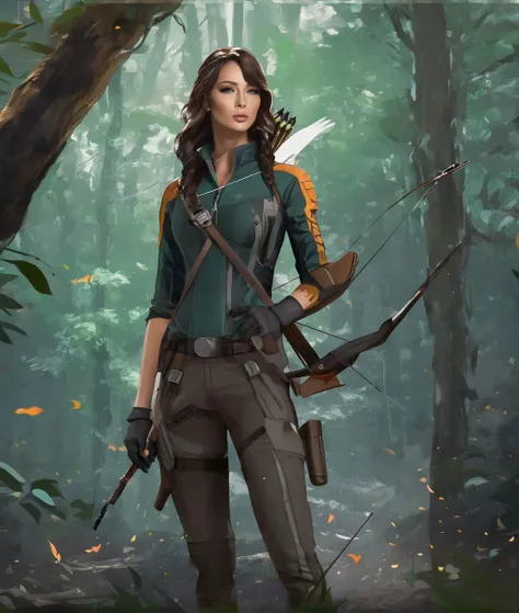 (full height:1.3), a beautiful woman, As Katniss Everdeen from The Hunger Games series, wearing her District 12 hunting outfit and the Mockingjay pin, her bow and arrow in hand. She stands in the midst of a forest, her keen eyes scanning the surroundings for threats and her resolve unwavering as she fights for her survival and that of her loved ones., inspired by Krenz Cushart, neoism, kawacy, wlop, gits anime,A medium length hairstyle, styled into loose, beachy waves.,<lora:samburskaya_sdxl_vanilla_1.0:0.8> samburskaya ,(wearing form fitting outfit:1.3)