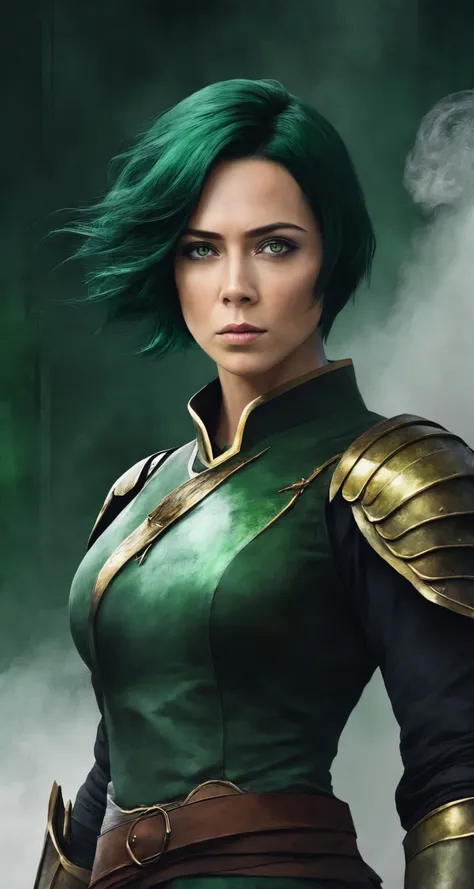 samburskaya, solo, dark green hair, green-hazel eyes, 
middle shot,
(watercolor painting:0.8), [humble breast]
creating a stark contrast to her calculating demeanor,and surrounded by billowing smoke,making it a poignant, ancient, ArtStation, armored dress, short hair,  (actor:0.8), 
detailed background, grouchy, (good:0.8),<lora:samburskaya_sdxl_01:0.9>