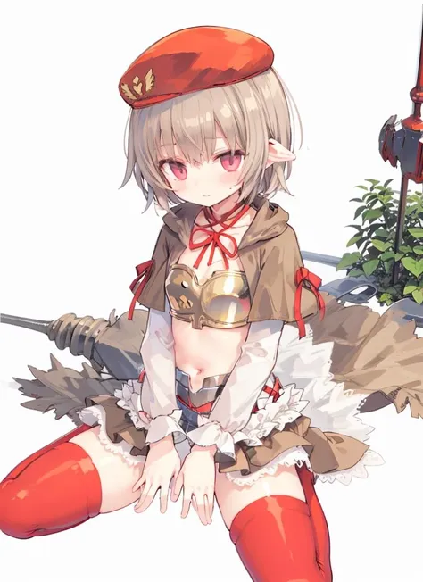 1girl,skirt,hat,red thighhighs,armour,<lora:rina2:1>,sit,from below