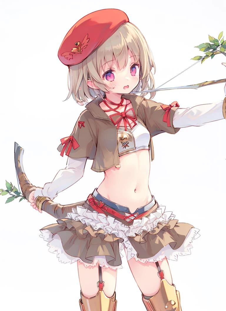 1girl,skirt,hat,red thighhighs,armour,boots,midriff, navel,<lora:rina2:1>,yell,Bow position,holding bow and arrow,shot