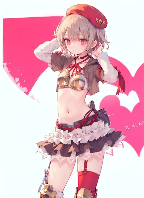 1girl,skirt,hat,red thighhighs,armour,boots,midriff, navel,<lora:rina2:1>,rose,hand on head