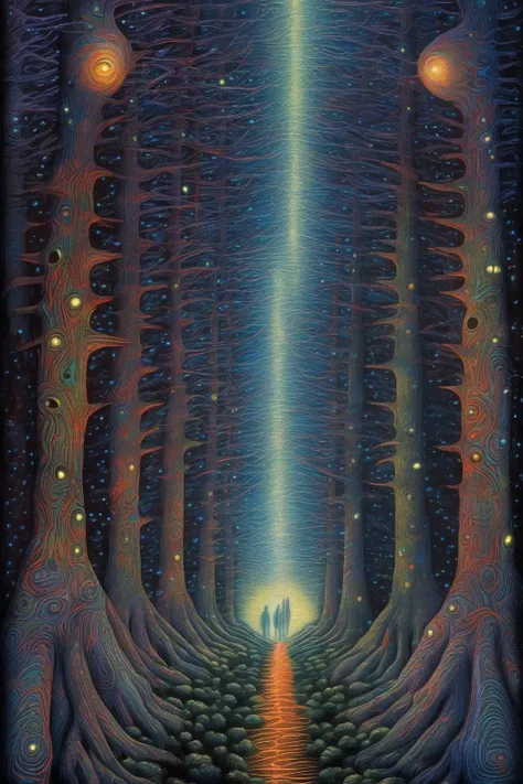 <lora:James R. Eads Style:1>James R. Eads Style - forest, creatures, in the style of both james r eads and alex grey
