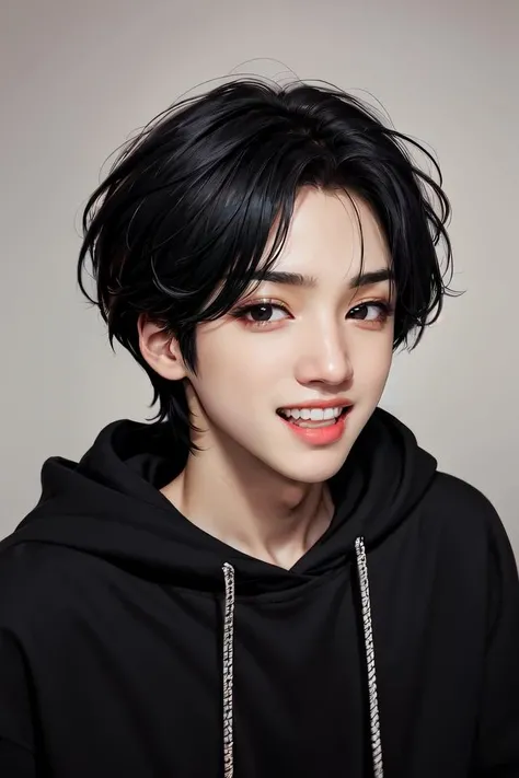((1man)),wooseok, solo, short hair, male, looking at viewer, smile, open mouth, black hair, upper body, male focus, teeth, black eyes, broad shoulders, black hoodie, realistic, hyper detail, hyper realistic, Portrait, Long shot, portrait photo, hyper realistic, <lora:Wooseok:1>