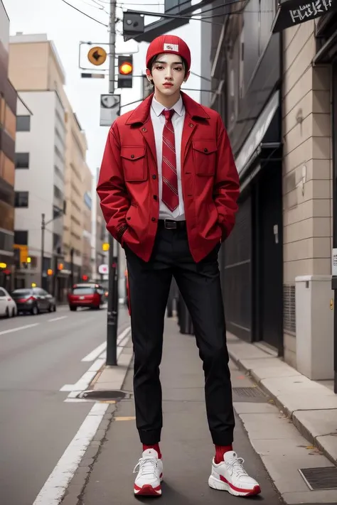 ((1man)), male, male focus, wooseok, black hair, full body, solo focus, brown eyes, ((backwards red cap)), white collared shirt, black sweater vest, plaid necktie, ((red jacket)), capri black pants, white socks showing, sneakers, realistic, <lora:JungWooseok:0.9>, broad shoulders, tall male, tall, Korean, Extreme Details, Photo realistic, hyper detail, hyper realistic, Portrait, Long shot, portrait photo, hyper realistic