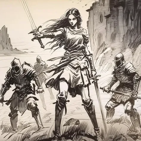 drawix6 young warrior girl with a sword on the battlefield with fighting knights in the background, black ink <lora:drawix6:1>