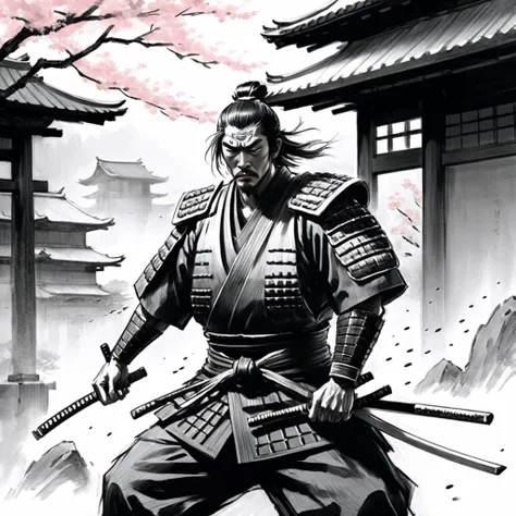 <lora:drawix6:0.8> drawix6, dwx6,A pencil-style sketch capturing a tense moment as a lone Japanese samurai, poised and determined, faces off against a multitude of stealthy ninjas emerging from the shadows. The samurai stands in the foreground, his armor detailed with fine lines, his katana drawn and ready. The ninjas, depicted with dynamic strokes, appear almost as whispers in the mist, their movements fluid and menacing. The scene is set in an ancient Japanese landscape, with the hint of a temple and cherry blossom trees sketched in the background, adding a serene contrast to the impending battle