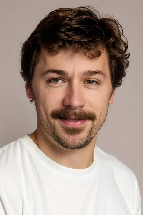 headshot of MikeWozniak, plain bright pastel background, white shirt, smile <lora:MikeWozniakLora:1>