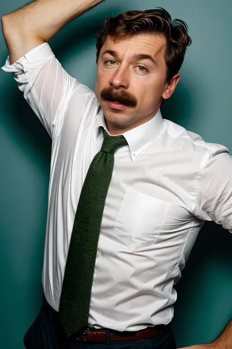 MikeWozniak in a white shirt and green tie, mustache, silly pose, arms up <lora:MikeWozniakLora:1>