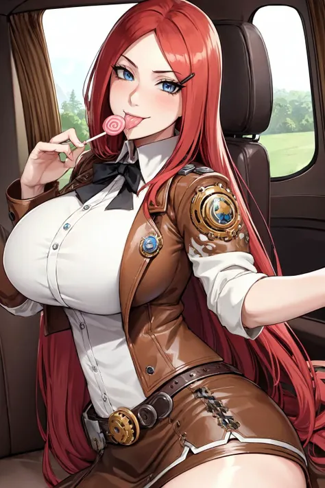 masterpiece,best quality,super detailed,ultra detailed,extreme detailed,extremely detailed,ultimate detailed,hyper detailed,uzumaki kushina,long hair, red hair, huge breasts, smile,shy, looking at viewer, blue eyes, hairclip,(( licking lollipop)),(in steampunk clothes) ,a brown leather jacket in steampunk style,long brown skirt,a white aristocratic shirt,(a cylinder hat), inside the cockpit,(a wide window at the back) <lora:Kushina:0.7>