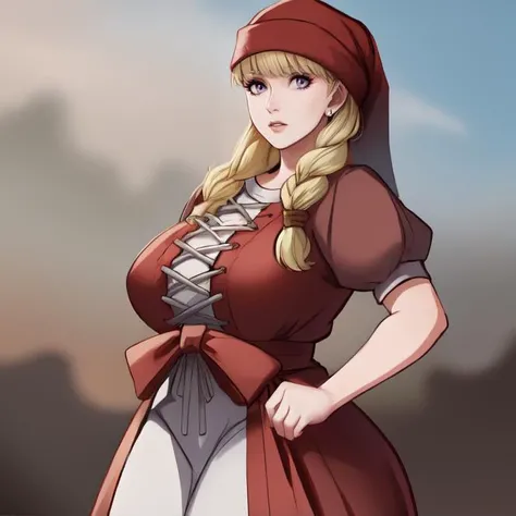 cowboy shot, solo, <lora:veronicaStr1:1> veronica \(dq11\), red_headwear, short_sleeves, puffy_sleeves, purple_eyes, waist_bow, red_dress, large bust, wide hips, <lora:ageUpStr1+:2> ,<lora:heightSlider (- to downsize + to increase):1.8>, <lora:goodHandsStr06-09:0.7> <lora:milfStr1TriggerMilf:1> milf, mature female, highres, Digital art, trending on artstation, best quality, insanely detailed, masterpiece, stunning environment, wide-angle,