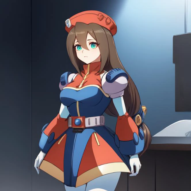 cowboy shot, solo, <lora:irisStr1:1> airisu, long hair, breasts, brown hair, hat, android, beret, green eyes, hair between eyes, dress, very long hair, low-tied long hair, white gloves, red headwear, sci-fi environment, indoors, highres, Digital art, trending on artstation, best quality, insanely detailed, masterpiece, stunning environment, wide-angle,