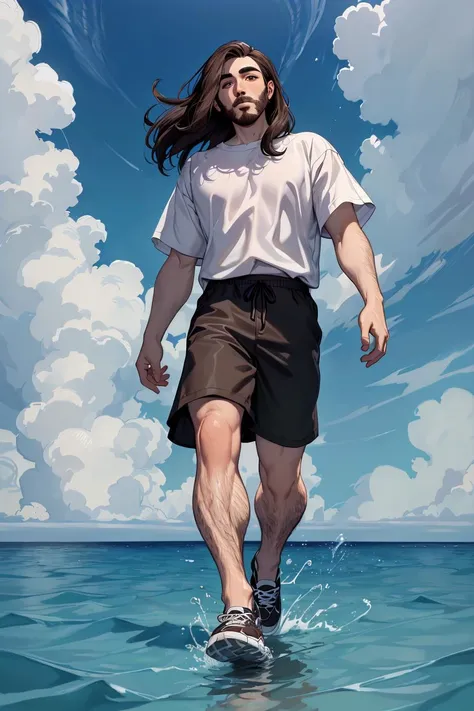 <lora:bigm0ist_3:1>, bigm0ist, medium hair, brown hair,
1boy,
white shirt, shorts, shoes,
full body,
walking on water, ocean,
facing viewer, walking slowly, horizon,, sharp focus, (8k), (4k), (Masterpiece), (Best Quality), intricate, hyper detailed, illustration, high resolution, highres, uncensored