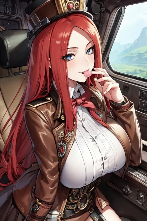 masterpiece,best quality,super detailed,ultra detailed,extreme detailed,extremely detailed,ultimate detailed,hyper detailed,uzumaki kushina,long hair, red hair, huge breasts, smile,shy, looking at viewer, blue eyes, hairclip,( licking lollipop),(in steampunk clothes) ,a brown leather jacket in steampunk style,long brown skirt,a white aristocratic shirt,(a cylinder hat), inside the cockpit,(a wide window at the back) <lora:Kushina:0.7>