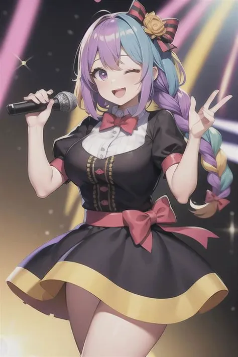 haired girl in a kawaii girl outfit sings with microphone, 1girl, microphone, one eye closed, virtual youtuber, solo, multicolored hair, holding, holding microphone, breasts, colored inner hair, smile, bow, open mouth, purple eyes, hair ornament, looking at viewer, braid, seductive shirt, large breasts, blue bow, bowtie