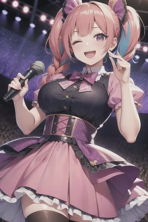 haired girl in a kawaii girl outfit sings with microphone, 1girl, microphone, one eye closed, virtual youtuber, solo, multicolored hair, holding, holding microphone, breasts, colored inner hair, smile, bow, open mouth, purple eyes, hair ornament, looking at viewer, braid, seductive shirt, large breasts, blue bow, bowtie