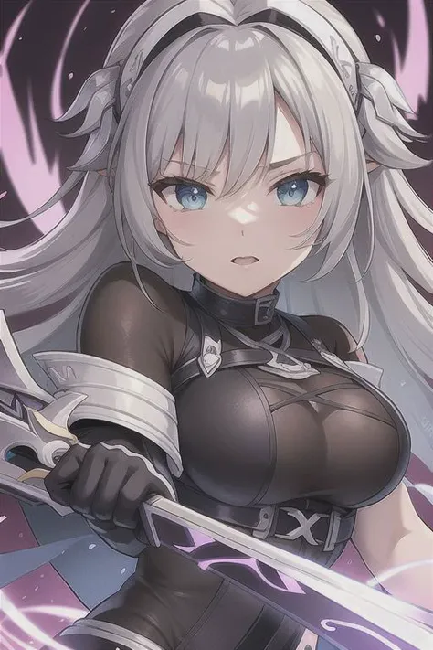 swordswoman, twin tail, silver hair, medium breasts, blush and angry, floating hair, armored dress, blindfold, NSFW, fellatio,