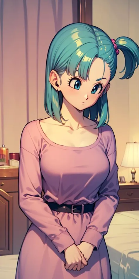 highly detailed, best quality, masterpiece, dragon ball, blmsdup, bulma, aqua hair, one side up, pink dress, long sleeves, collarbone, medium breasts, bedroom, messy bedroom, <lora:bulma_v1:1>