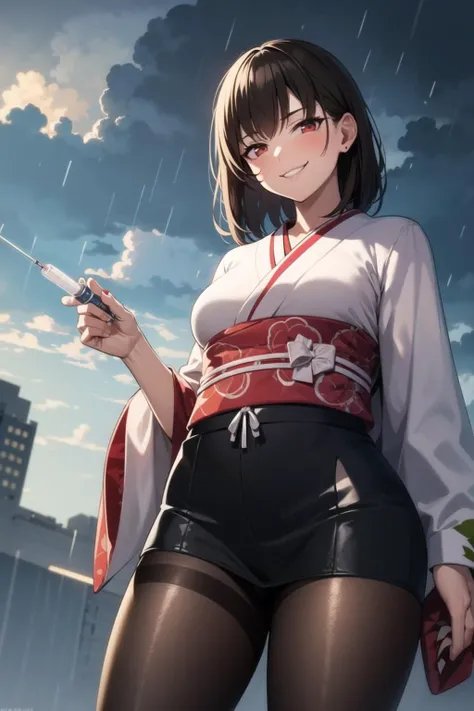 outdoors,
forrest,
park,
BREAK,
1girl,
mature female,
brown hair,
red eyes,
smirk, smug,
head tilt,
looking at viewer,
from below,
syringe,
holding syringe,
kimono,
pantyhose,
wet clothes,
rain,
night,
fog,
cloud, cloudy sky,