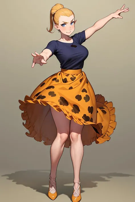 (masterpiece, best quality), female retirement age, builky, european, light blue eyes, downturned ears, unique nose, receding chin, low jawline, asymmetrical cheeks, halloween makeup , sandy blonde
pompadour hair, happiness
wearing linen __bo/properties/color__ giraffe print
ruffled skirt, t-shirt bra, mary jane shoes, ,
, arms outstretched, inviting an embrace