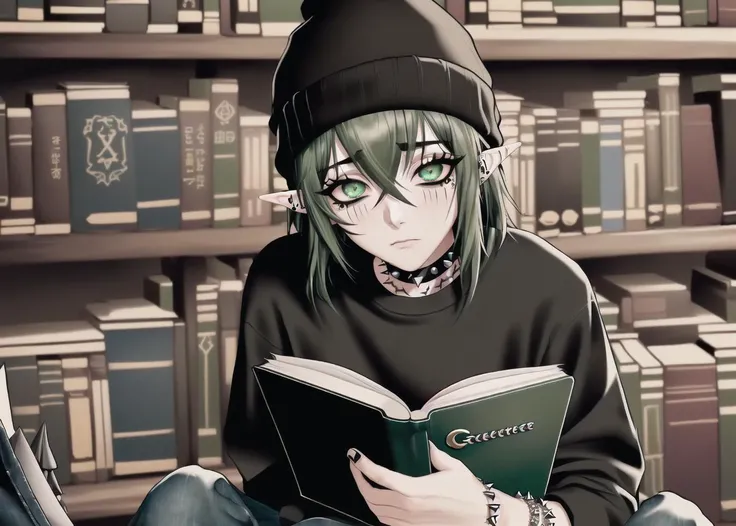 best quality,  masterpiece ,(((1boy))), ((medium hair)), ((green hair)), ((black hair)), (((Black Torn baggy shirt))), (((Black torn jeans))), ((Black converse)), ((black striped beanie)), green eyes, (black tattoos), ,neck tattoo, spiked choker, spiked bracelets, , long elf ears, blush, (sitting in a library), ((beautiful detailed face)), ((Detailed eyes)), ((Reading a book)), ((emo hair)) <lora:bags_under_eyes_v1:1> bags_under_eyes