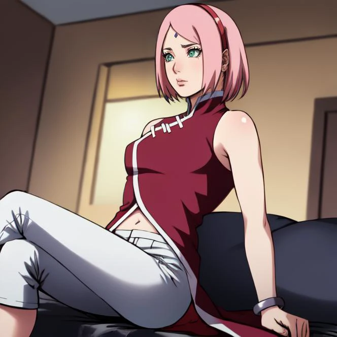 <lora:harunoSakuraBorutoStr1:1> haruno sakura, pink hair, short hair, green eyes, hairband, red sleeveless dress, navel, white pants, bare shoulders, jewelry, bracelet, indoors, sitting, on bed, crossed legs, highres, Digital art, trending on artstation, best quality, insanely detailed, masterpiece, stunning environment, wide-angle,