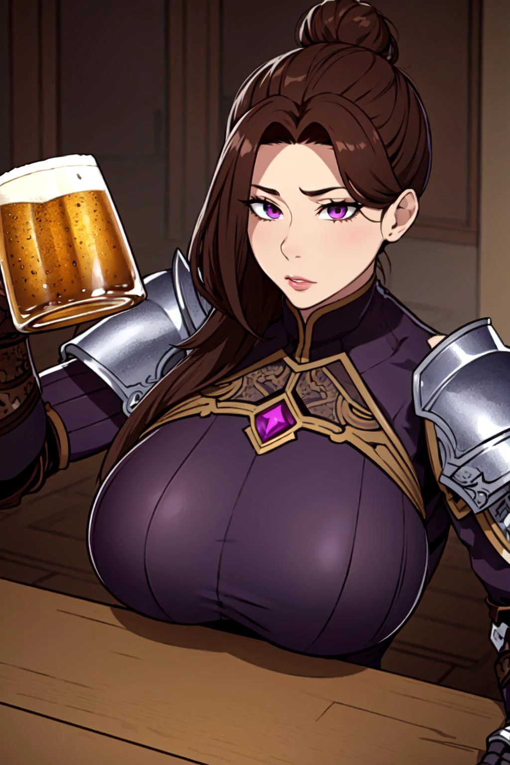 masterpiece,best quality,super detailed,ultra detailed,extreme detailed,extremely detailed,ultimate detailed,hyper detailed,,auntjunev2,single hair bun, bangs, messy hair,brown hair,Purple Eyes, big breast,in a armored knight dress , sitting on a table with beer in the tavern,<lora:AuntJuneV3:0.7>