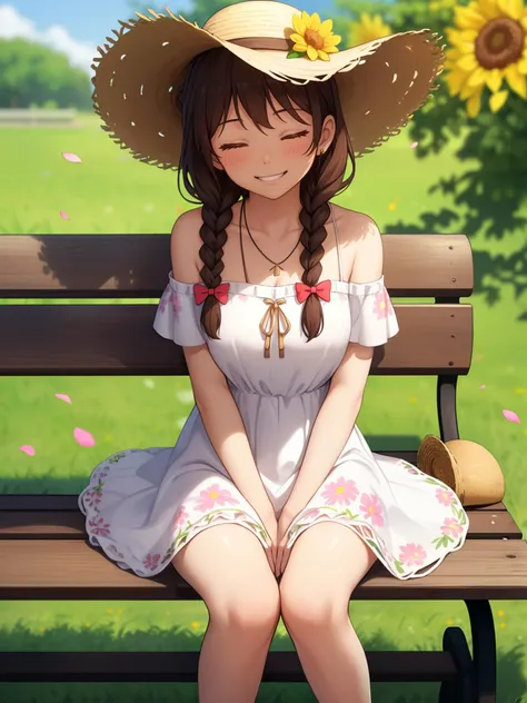 (masterpiece) (best quality),looking at viewer, 1girl, solo, smile, sitting, hat, shoulder cutout, braid, dress, brown hair, (closed eyes:1.1), twin braids, blush, long hair, bench, grin, grass, white dress, jewelry, clothing cutout, bangs, necklace, floral print, blurry, hand between legs, blurry background, between legs, bow, facing viewer, breasts, bare shoulders, sun hat, straw hat, day, collarbone, hair bow, short sleeves, feet out of frame, ribbon, brown headwear, on bench, depth of field, park bench, ^_^, hair over shoulder, day, sky, flower field, petals,