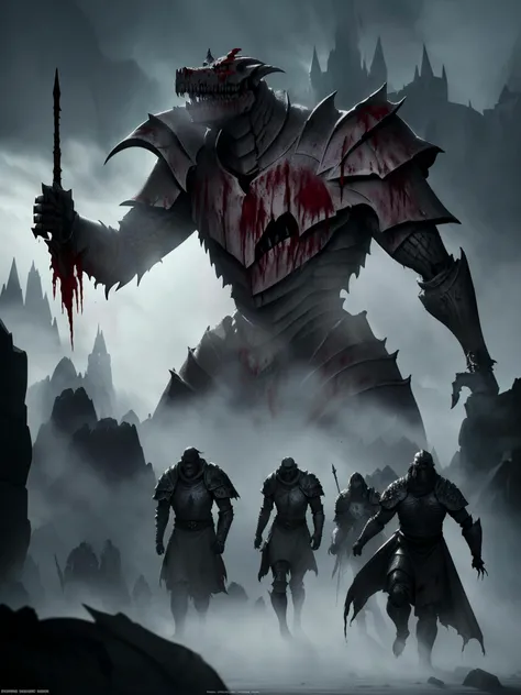 dungeons and dragons epic poster dragonborn wearing plate armor marching into battle (windy dust debris storm:1.1) volumetric lighting fog depth mist pass z pass fantasy stone castle bright morning sunlight from side, (masterpiece) (best quality),(detailed),(wallpaper), (cinematic lighting) ,(blood spatter),corpse,skeleton,bleed,horror theme,dark,Weird atmosphere